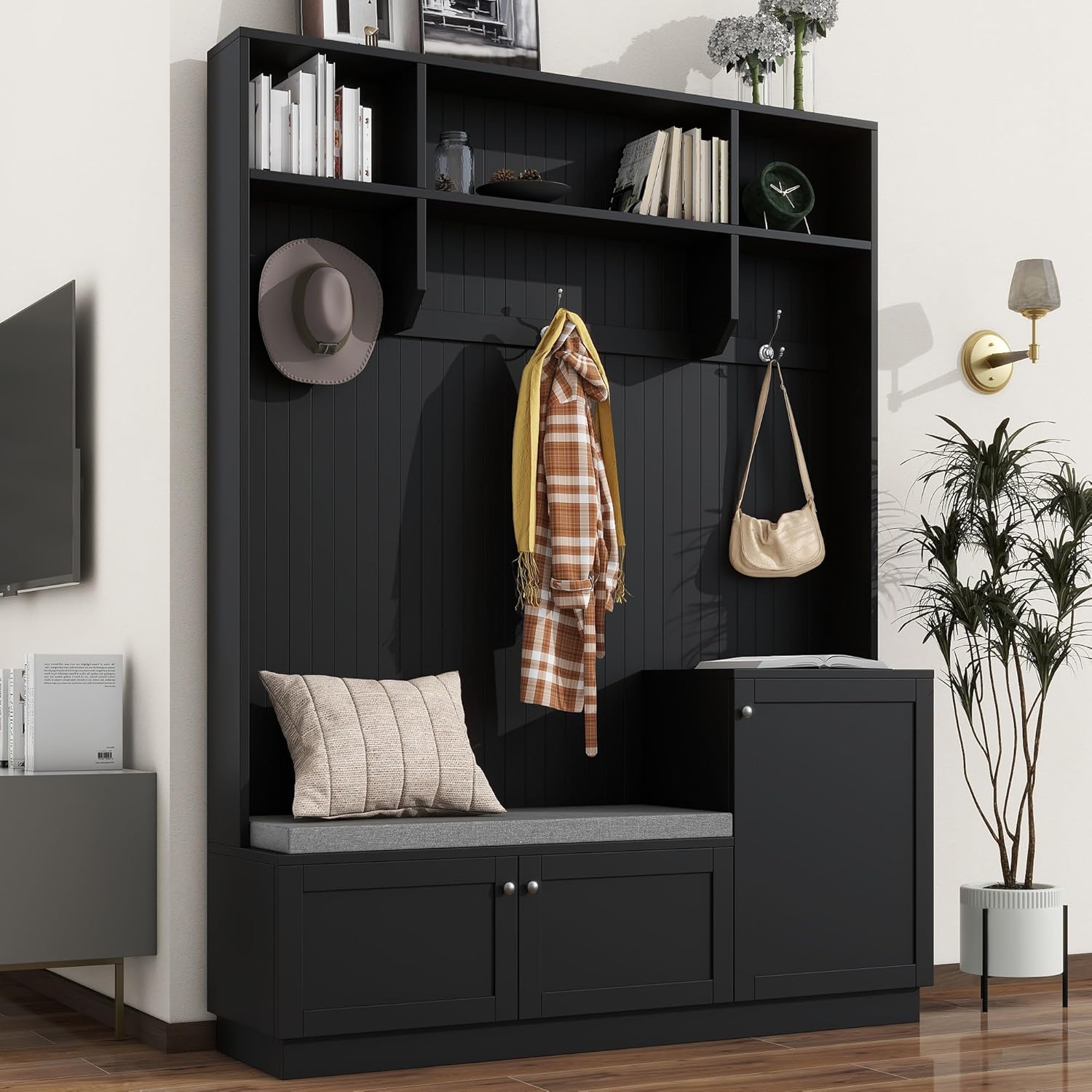 Entryway Hall Tree with Bench&cushion and Shoe Storage, Modern Elegant Design Shoe Cabinet Coat Rack with 3 Hooks for Hallway, Living Room, Black