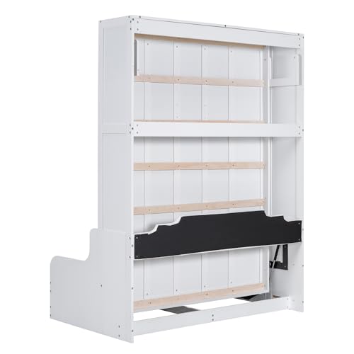 Modern Full Size Murphy Bed with Wardrobe, Versatile Foldable Wooden Bed Frame with Drawers and Open Shelves, Solid Wood Wall Bed for Apartments, Studio Bedroom Use, Space-Saving