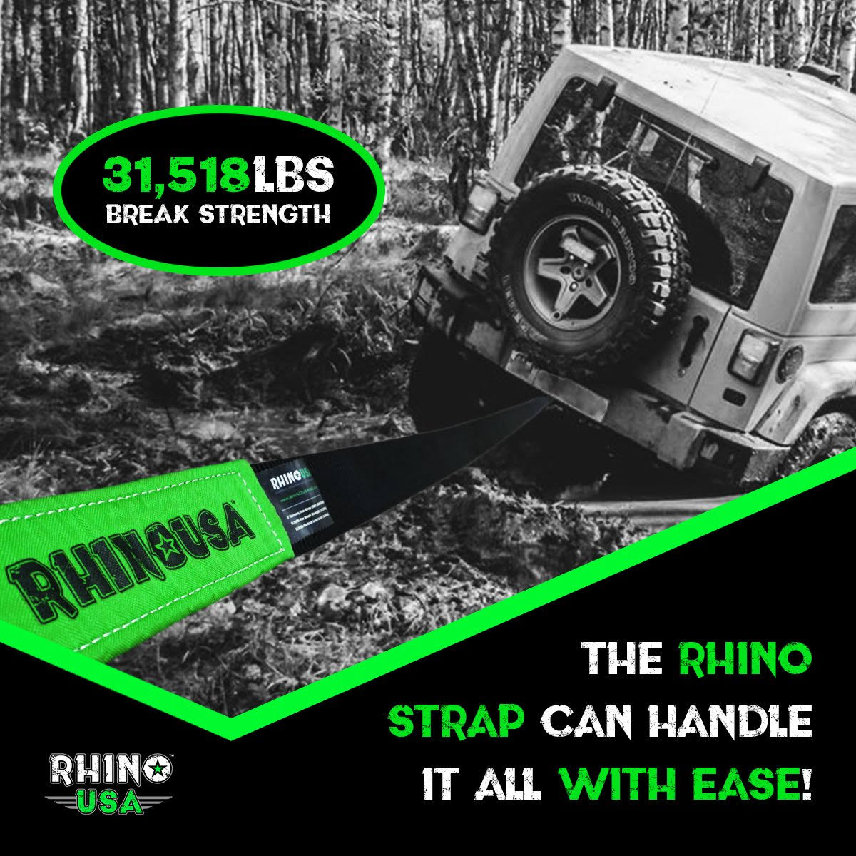 Rhino USA Combo Recovery Tow Strap 20ft u0026 Shackle Hitch Receiver