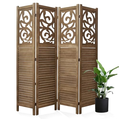 Room Divider Wood Carved Wall Divider Indoor Folding Portable Partition Screen for Home Office Garden Terrace - 6 Panel, 67 * 90inch (Dark Brown)