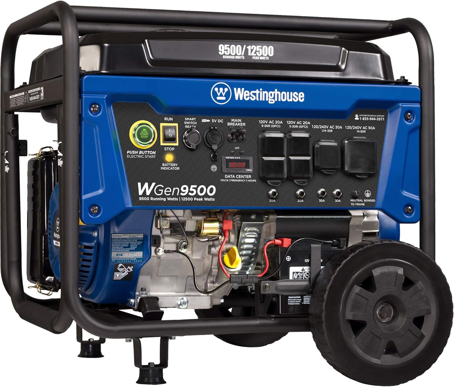 Westinghouse Outdoor Power Equipment WGen9500DF Dual Fuel Portable Generator 9500 Rated and 12500 Peak Watts Gas or Propane Powered, Electric Start, Transfer Switch & RV Ready CARB Compliant