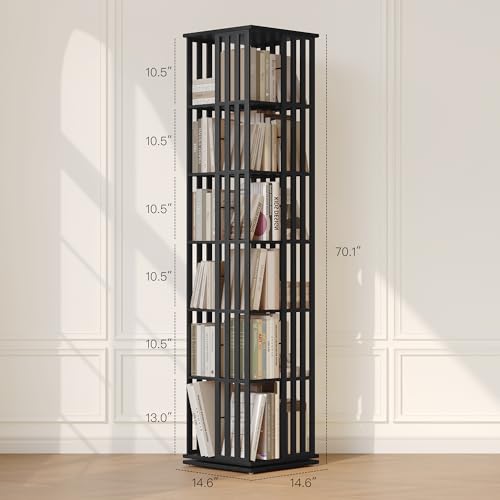 Rotating Bookshelf Tower, 360 Display Spinning Bookcase, Bamboo Bookshelf Floor Standing Storage Rack, Wood Narrow Book Shelf Organizer for Kids&Adults, Walnut 6 Tier
