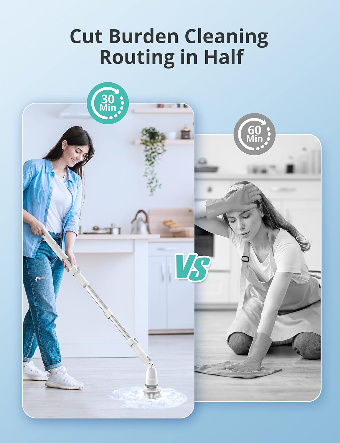 Electric Spin Scrubber, Voweek Cordless Cleaning Brush with Adjustable Extension Arm 4 Replaceable Cleaning Heads, Power Shower Scrubber for Bathroom, Tub, Tile, Floor Pack of 2