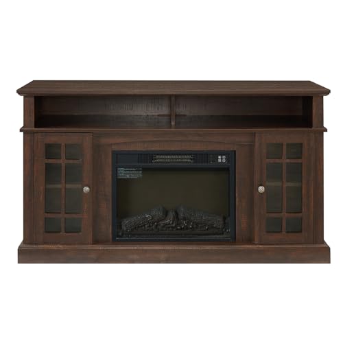 Farmhouse TV Stand with Electric Fireplace, Classic Electric Fireplace TV Cabinet Modern Entertainment Console with 23" Fireplace Insert for TV Up to 65" with Storage Space, Dark Grey