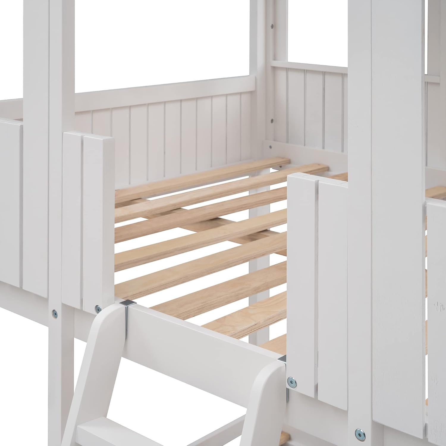 Solid Wood Full Over Full House Bunk Bed with Roof and Ladder, Kids Low Bunkbeds Playhouse with Window & Guard Rail, for Boys Girls Bedroom, White