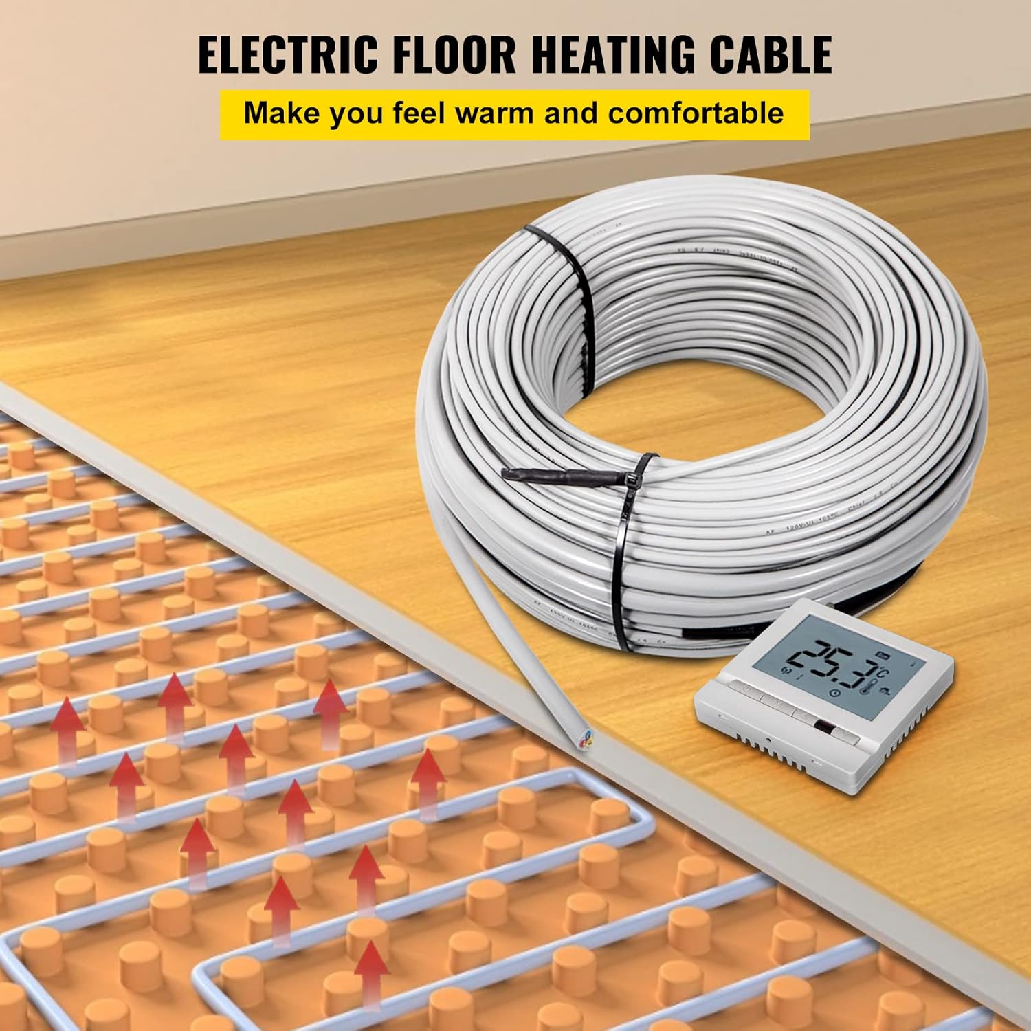 VEVOR Floor Heating Cable 128.8 Square Feet Durable Floor Tile Heat Cable, Waterproof and Insulated, with Convenient Temperature Control Panel, Rapid Heating Cable Under Floor w/No Noise or Radiation