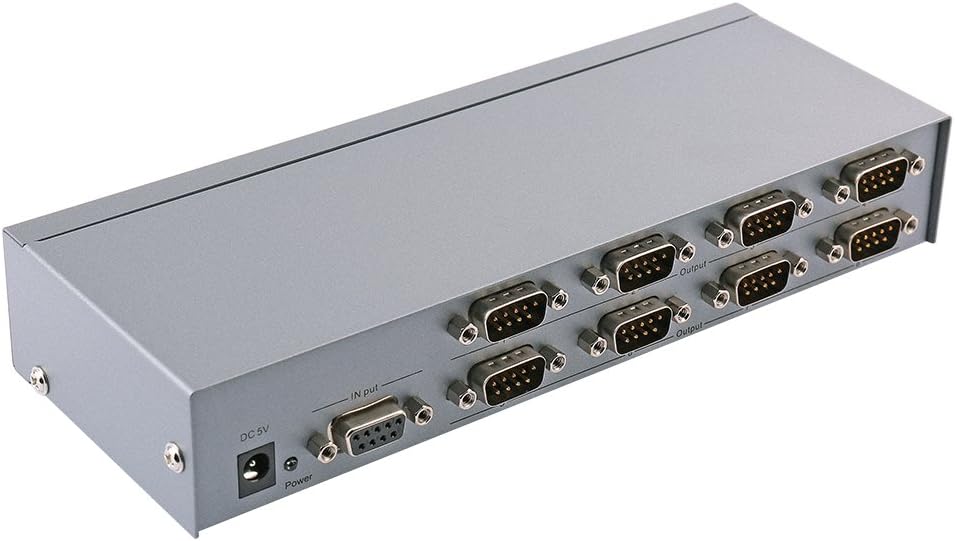 DTECH Industrial 8 Port RS232 Serial Splitter Switch Box with Power Adapter for Sharing PCs and Capture Data - COM Port Expander 1x8