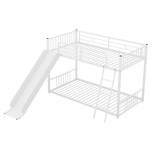 Metal Junior House Low Bunk Bed Twin Over Twin with Slide and Ladder, Montessori Floor Bunk Bed Frame with Full-Length Guardrail, Noise Free