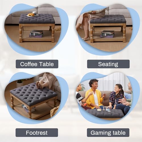 33-inch Large Square Ottoman Coffee Table with Storage Shelf and Solid wood Legs - Button Tufted Upholstered Linen Ottoman stool for Living room，Office, Bedroom, Farmhouse (Beige)