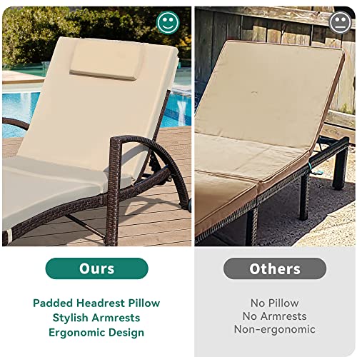 YITAHOME Outdoor Chaise Lounge Chair, PE Rattan Wicker Patio Pool Loungers with 5-Position Adjustable Backrest, Armrests, Cushion, Pillow, and Wheels for Poolside Porch Garden Beach (Brown)