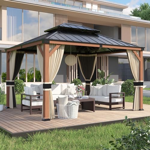 Hardtop Gazebo 10x12, Wooden Finish Outdoor Gazebo with Galvanized Steel Double Roof, Aluminum Frame Pergola for Patio Lawn, Backyard, Deck, Curtains and Netting Included, Grey