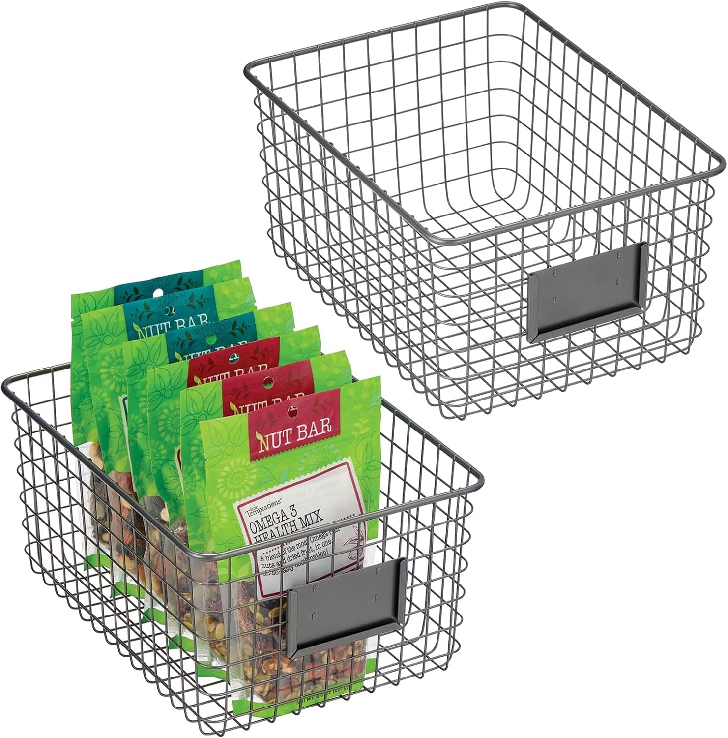 mDesign Farmhouse Decor Metal Wire Food Organizer Storage Bin Basket with Label Slot for Kitchen Cabinets, Pantry, Bathroom, Laundry Room, Closets, Garage - 2 Pack - Matte Black Pack of 2