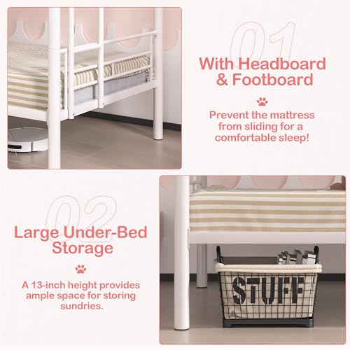 VECELO Metal Loft Bed Twin Size, Heavy Duty Bedframe with Removable Ladder and Safety Guardrail, Space-Saving, Noise Free, No Box Spring Needed, Off White