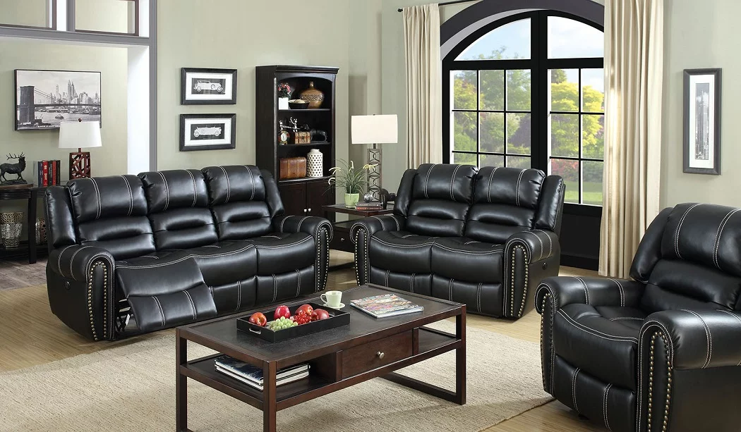 Black Leatherette Reclining Sofa And Loveseat 2pc Set Sofa Cushion Couch Nailheads Living Room Furniture Recliners
