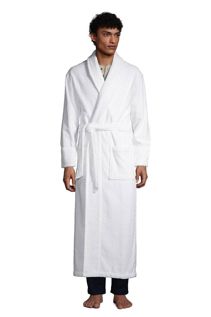 Men&s Calf Length Monogrammed Turkish Terry Cloth Robe - Lands& End - White - L