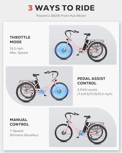 Viribus Electric Tricycle for Adults, 24 & 26 inch Electric Trike 350W(Peak 700W) with 468Wh Removable Battery, 3 Wheel Electric Bikes for Seniors, Motorized Adult Tricycle 7 Speed 330 lb. E Trike