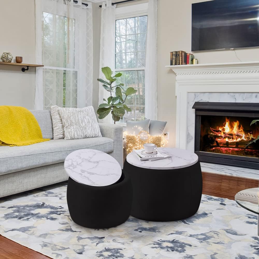 kevinplus Black Round Coffee Table Set of 2 Nesting Storage Ottoman for Living Room, Modern Circle Ottoman Coffee Table Drum Side Table End Table for Bedroom Apartment, Velvet Fabric (2-Pcs Black)