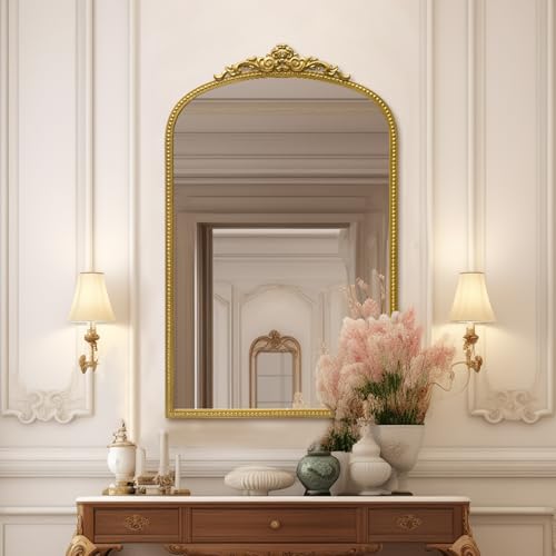 24" x 38" Antique Gold Arch Bathroom Mirror, Traditional Beaded Frame Wall Mirror, Retro Baroque Inspired Decorative Mirror for Vanity Bedroom Entryway Mantel
