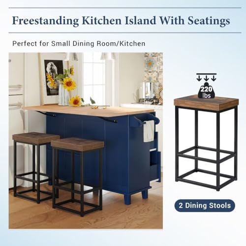 3-Piece Farmhouse Kitchen Island Set with 2 Dining Chairs, Dining Table Set with Storage Cabinet, Drawers and Towel Rack for Small Place, Apartment, Breakfast, Pub, White, YOUKTCZY03