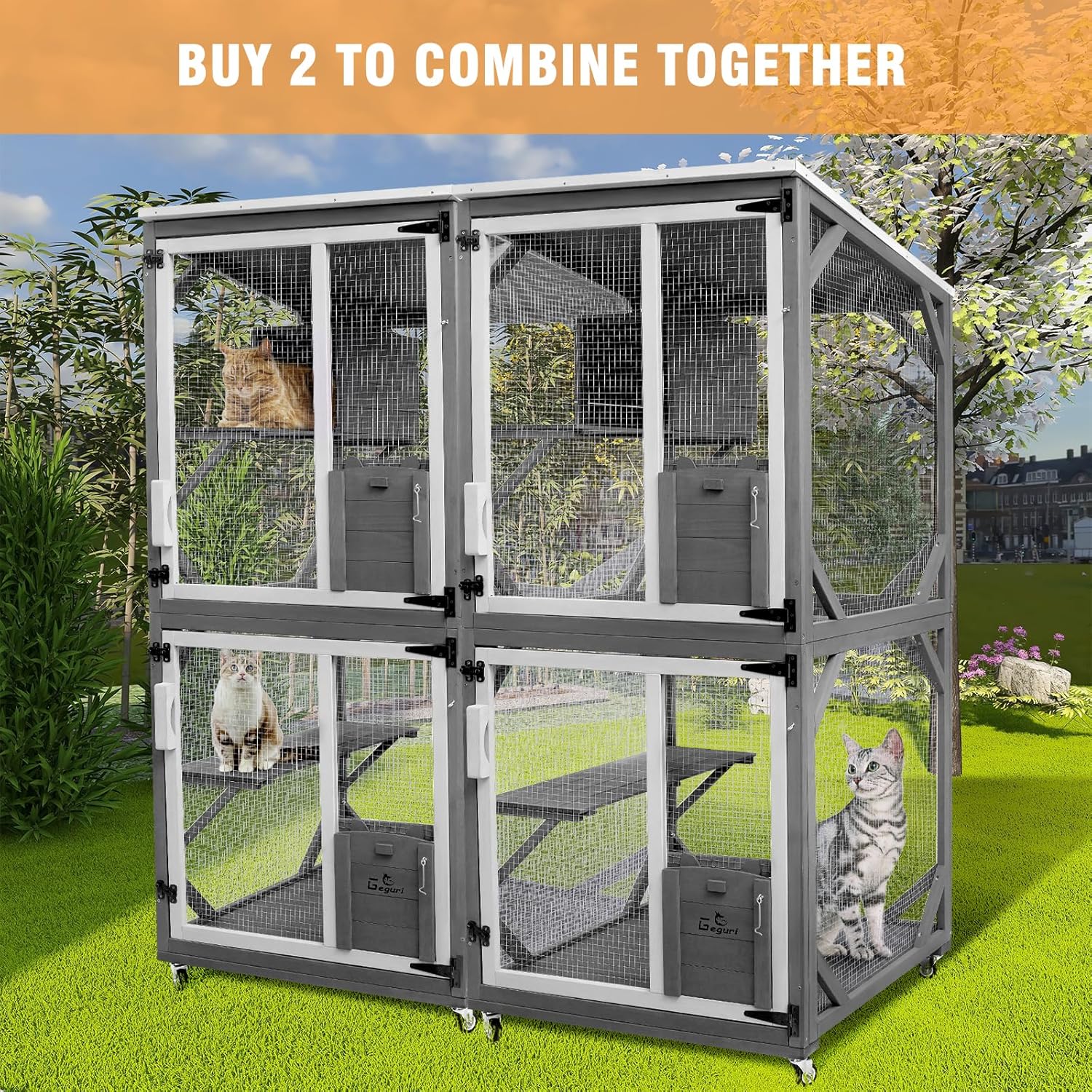 GEGURI Large Cat House Outdoor Catio Enclosure, Indoor Wooden Kitten Cage with Upgraded Resting Box, Waterproof Roof