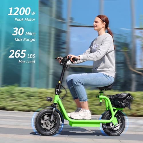 Caroma Peak 800W/1200W Electric Scooter Adults, 30 Miles Max Range, Foldable Electric Scooter with Seat, Front Suspension, Detachable Large Basket,Commuter E-Scooter for Adult and Teens