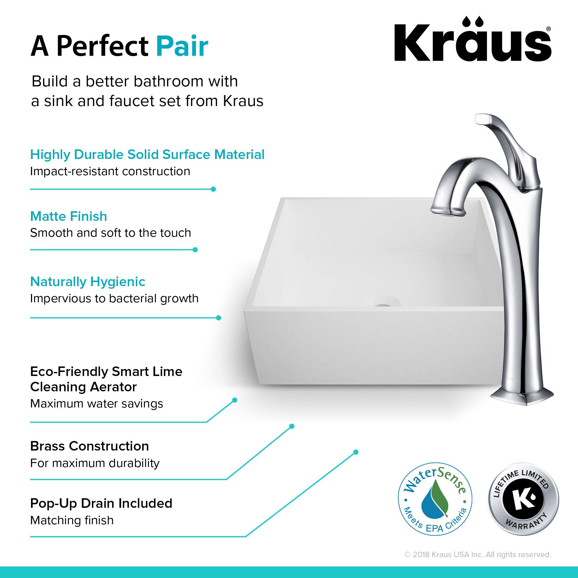Kraus C-KSV-5MW-1200SFS Natura Series 16 4/5x22 White Matte Solid Surface Square Bathroom Vessel Sink and Spot Free Arlo Faucet