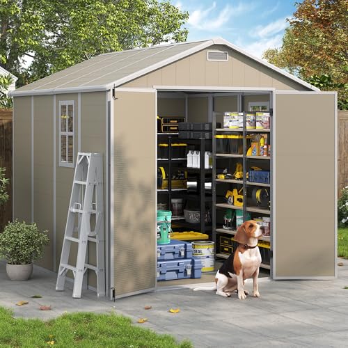 Outdoor Storage Shed, 6x6 FT Resin Shed with Floor and Lockable Door, Window, Vents, Tool Sheds and Outdoor Storage for Bike, Garden Accessories, Tools, Waterproof (Grey & White)
