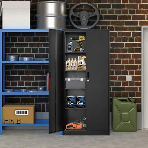 Metal Storage Cabinet, 72" Lockable Garage Tool Cabinet with Doors and Shelves, Tall Steel Cabinet for Garage, Locking Storage Cabinet for Home, Office, Garage, Gym, School（White）