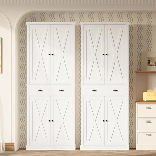 IRONCK Kitchen Pantry Storage Cabinet 72.6" H, with Barn Doors, Drawer, 4 Adjustable Shelves, Freestanding Cupboard for Dining Room Living Room, Laundry, White