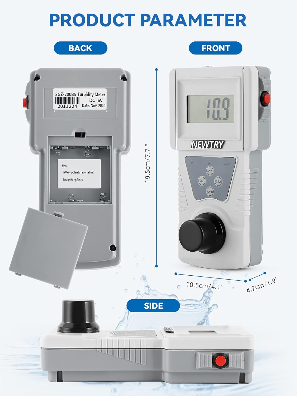 NEWTRY Lab Turbidity Meter Portable Digital Water Turbidimeter Handheld Turbidimetro Turbidity Cube 0~200 NTU, ISO7027 Compliant, 90°Scattered Light Accuracy 0.1 with Backlight