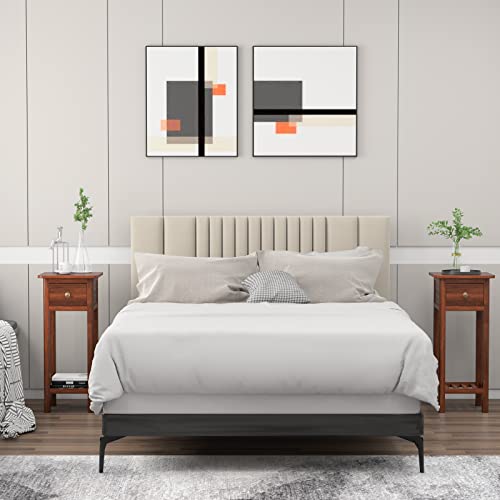 GORELAX Narrow End Table, Tall Nightstand with Drawer & Shelf, Small Bedside Table w/Anti-Tipping Device, No Assembly, Wooden Small Sofa Side Table for Small Space, Living Room, Bedroom (2, White)