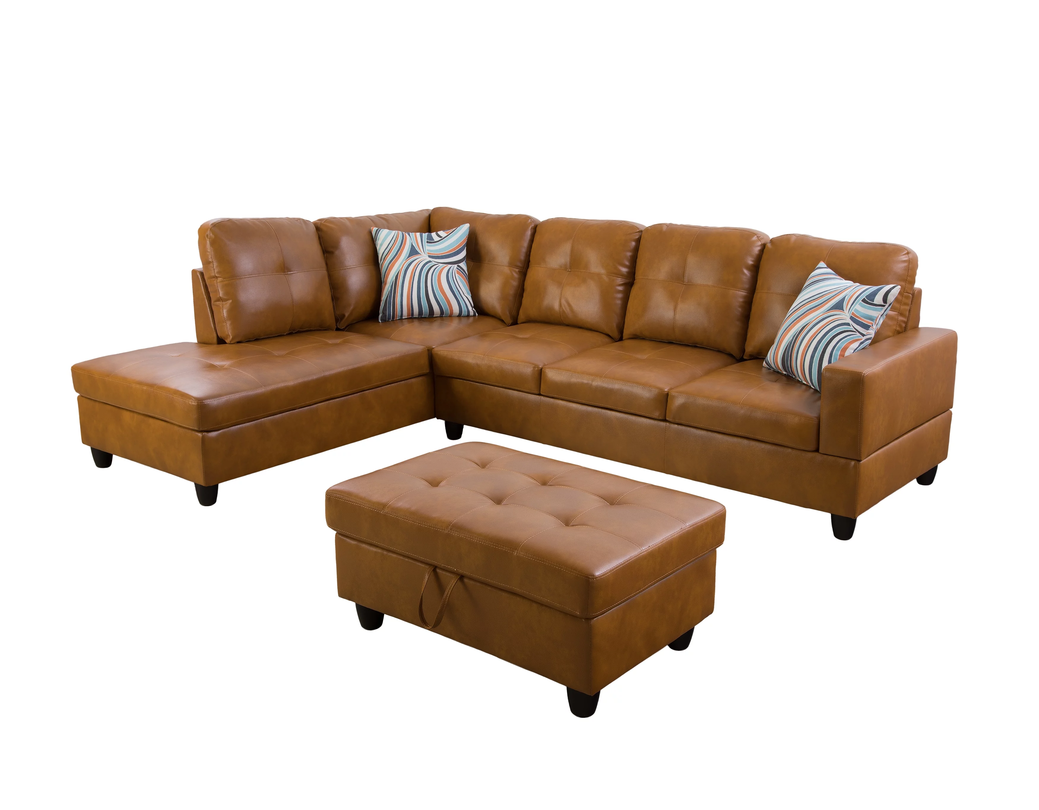 PonLiving 103.50" Wide Ginger Faux Leather Sectional with Ottoman Left Hand Facing