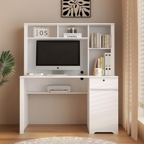Computer Desk with Hutch & Bookshelf,Wood Executive Desk Teens Student Desk Writing Laptop Home Office Desk with Drawers,3 AC Outlets and 2 USB Charging Ports,Study Laptop Table for Home(White)