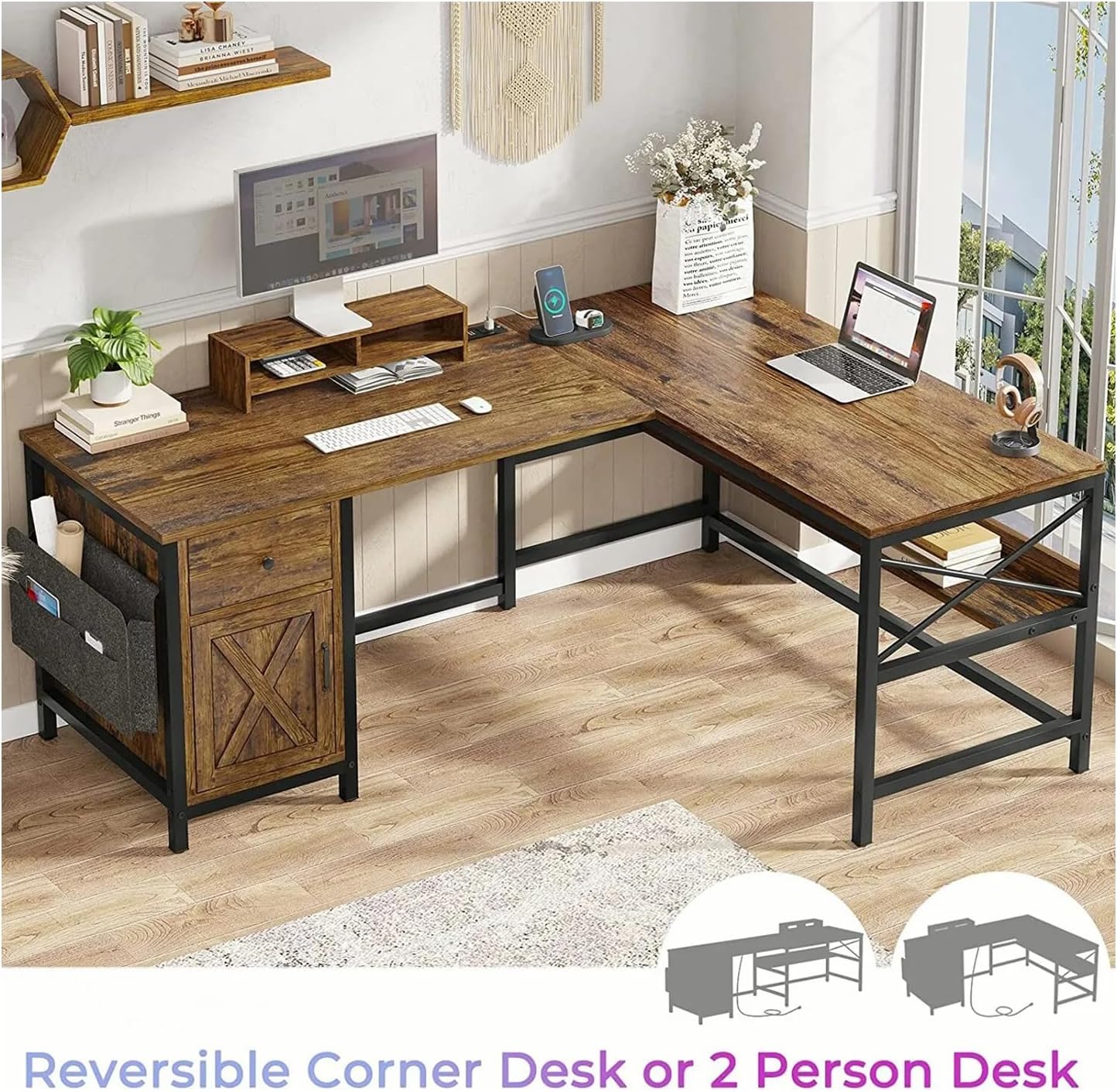 New 87 Inches Rustic Brown L Shaped Computer Desk Corner Reversible Long Home Office Table with Monitor Stand Gaming Power Outlet Shelf Shelves Storage Drawer Metal Wood Modern 86.6”L x 19.7”W x 30”H