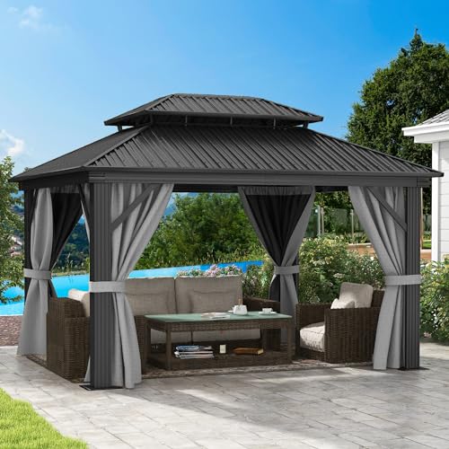 DWVO 10x12ft Hardtop Gazebo Double Roof with Nettings and Curtains, Heavy Duty Galvanized Steel Outdoor Vertical Stripes Roof for Patio, Backyard, Deck, Lawns, Brown