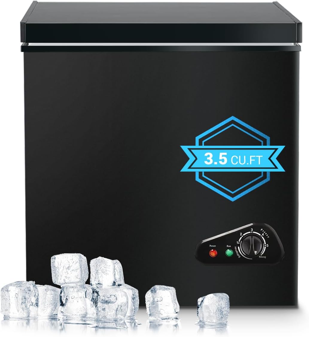Deep Freezer, 3.5 Cu.Ft Chest Freezer, Small Top Door Deep Freezer with 7 Adjustable Temperature and Removable Basket, Energy Saving for Home Kitchen Office Black