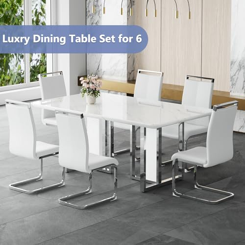 Dining Table Set for 6,Kitchen Table Chairs Set with Glossy Faux Mareble Table Top,67in White Rectangle Dining Room Table Set for 6,7 Piece Kitchen Table and Chairs Set for Kitcken Dining Room