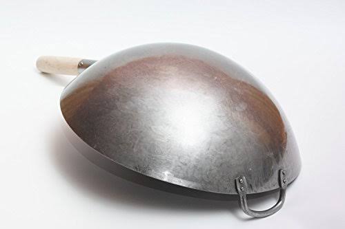 Big 16 inch Heavy Hand Hammered Carbon Steel Pow Wok with Wooden and Steel Helper Handle (Round Bottom) 731w138 by Craft Wok