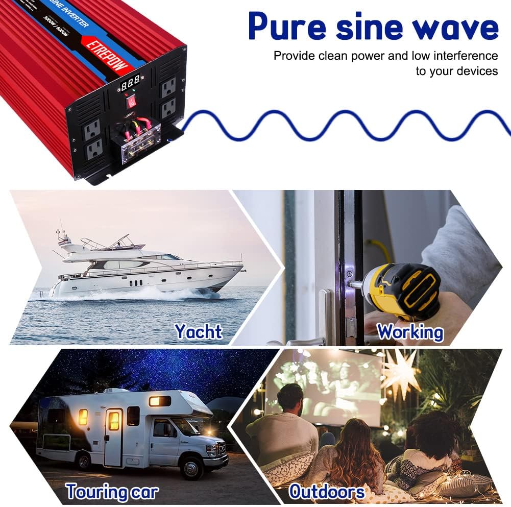 ETREPOW 3000 Watt/6000 Watt Pure Sine Wave Power Inverter 12V DC to 110V /120V AC Power Converter Wireless Remote Control-Off-Grid Inverter for Outdoor ,Home,Camping, RV,Truck,Car