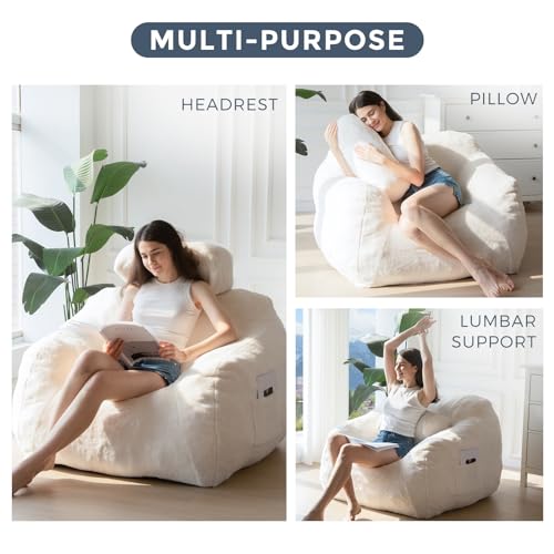 MAXYOYO Giant Bean Bag Chair with Pillow, Boucle Bean Bag Sofa for Adults,Large Upholstered Bean Bag Couch Lazy Sofa with Filler for Reading, Gaming, Black