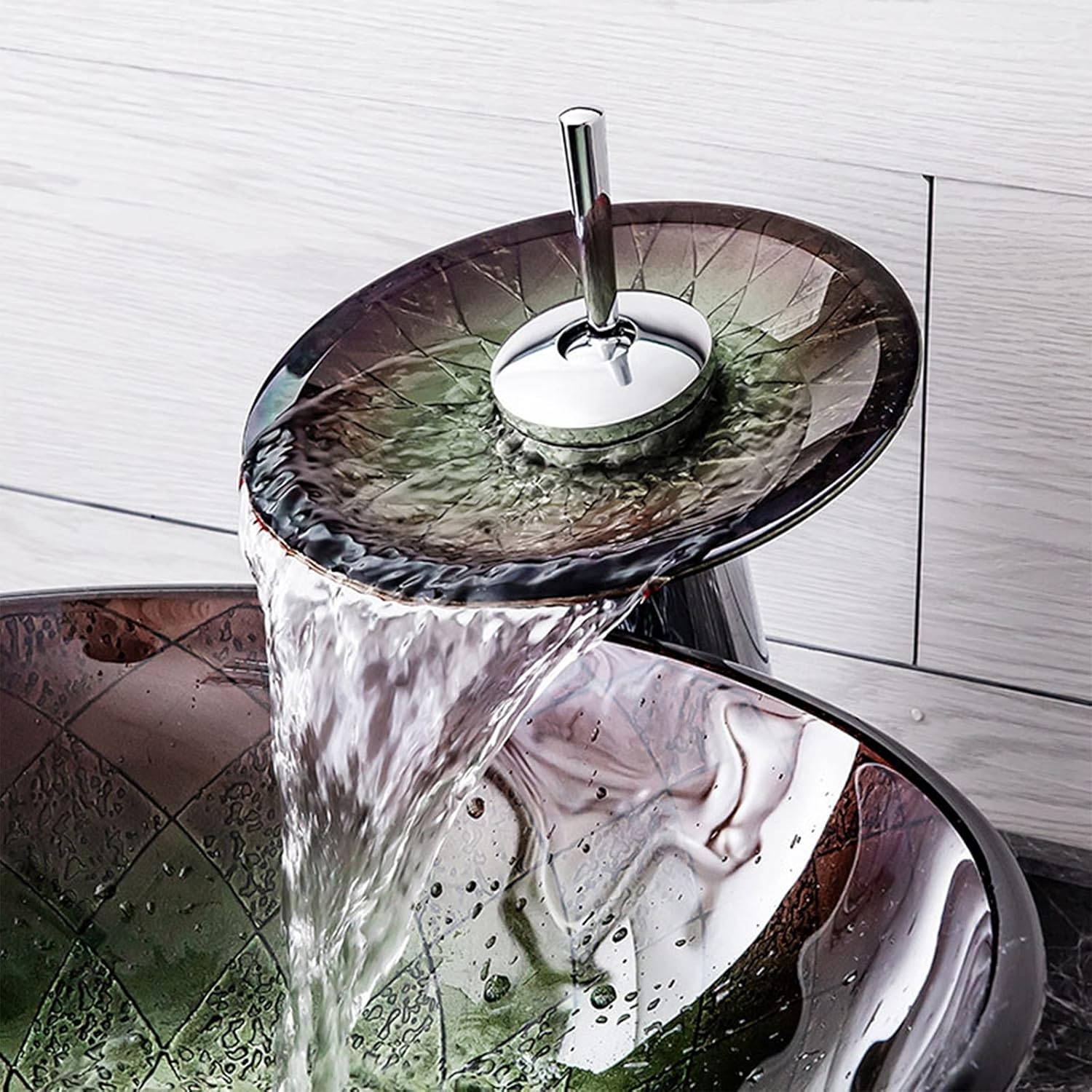 Bathroom Vessel Sink, American Style Tempered Glass Round Vessel Sink with Waterfall Faucet and Pop Up Drain, Counter Top Installation,B