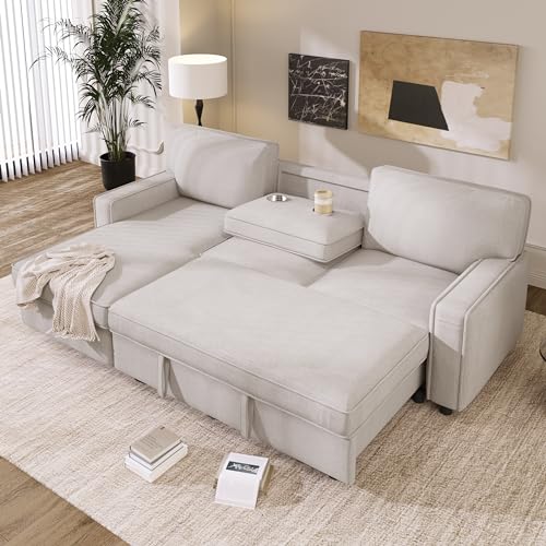 89" W Pull Out Sofa Bed, Upholstery Sleeper Sofa Couch with Storage Space, USB Port, 2 Cup Holders for Living Room - Gray