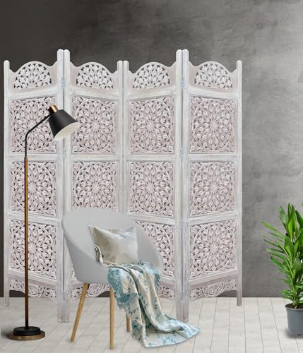 Room Divider Wood Screen - Ghanti Bells Antique Brown - 4 Panel Folding 72 x 80 - Assembled Hand Carved Decorative Functional Versatile Portable Partition Reversible Privacy Boho - COTTON CRAFT
