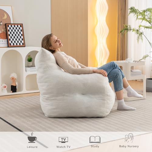 Bean Bag Chair for Adults, Giant Bean Bag Sofa Chair with Armrests, Teddy Plush Lazy Sofa Comfy Chair, Big Comfy Chair with Pocket, for Livingroom Bedroom Apartment (Ivory)