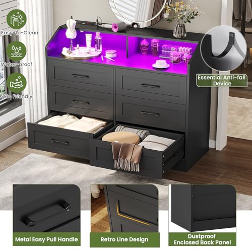 Hasuit White 6 Drawers Dresser with LED Lights and Charging Station, Modern Wood Bedroom Storage Tower Clothes Organizer, Chest of 6 Drawers Storage Cabinet with Deep Drawers for Bedroom, Living Room