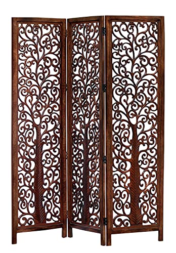 Room Divider Wood Screen - Ghanti Bells Antique Brown - 4 Panel Folding 72 x 80 - Assembled Hand Carved Decorative Functional Versatile Portable Partition Reversible Privacy Boho - COTTON CRAFT