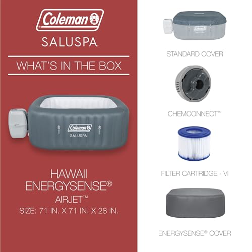 Coleman SaluSpa AirJet 4 to 6 Person Inflatable Hot Tub Square Portable Outdoor Spa with 140 Soothing AirJets and Insulated Cover, Gray