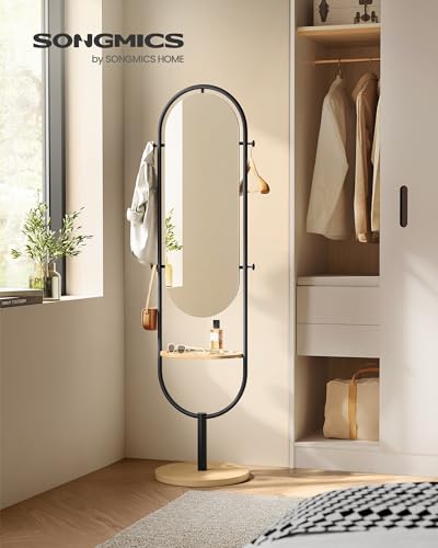 SONGMICS Full-Length Floor Mirror, 3-in-1, Modern Standing Full Body Mirror, Inspired by Original Award-Winning Design, 16.5 x 18.9 x 68.9 Inches, Living Room, Bedroom, Oak Beige and Ink Black