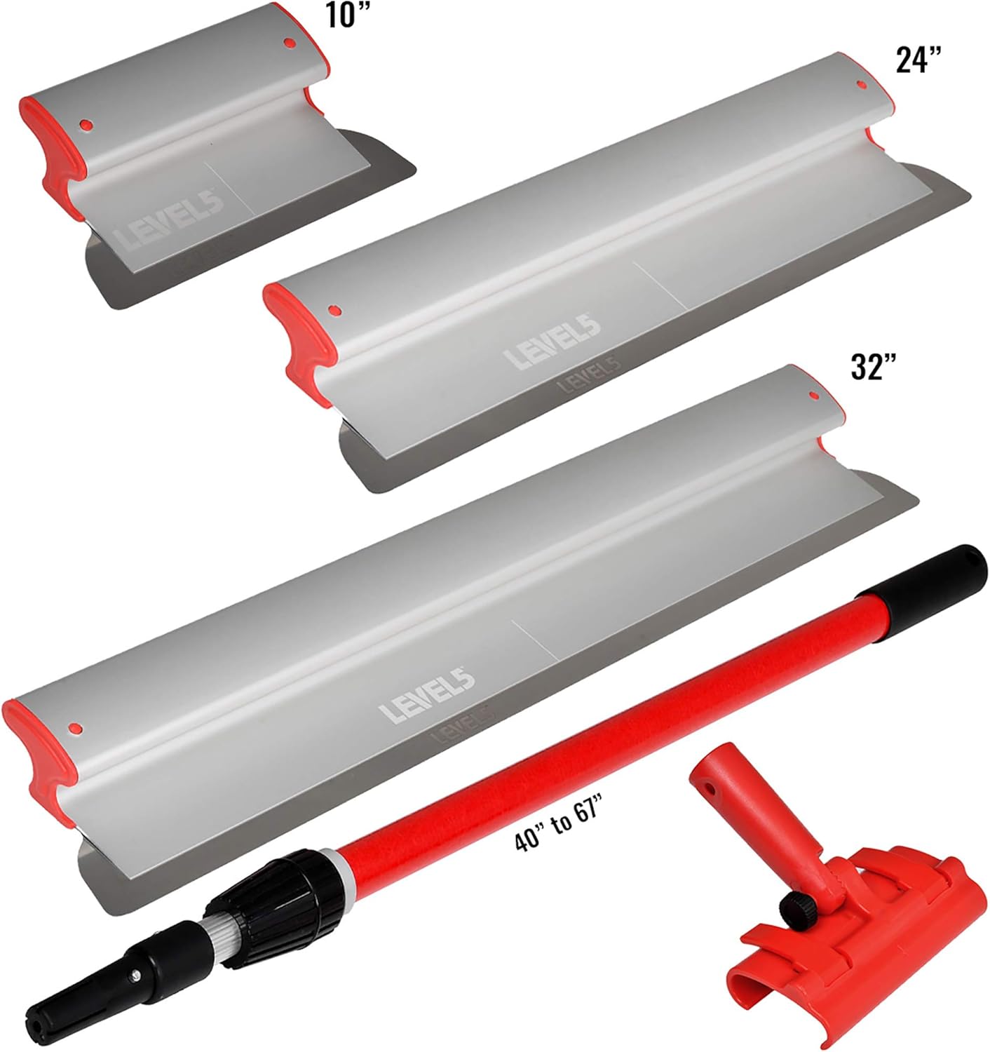 LEVEL5 Skimming Blade Combo, 10 Blade + 40 - 67 Extension Handle | Smoothing/Knockdown Drywall Knife | Extruded Aluminum & European Stainless Steel Construction | High-Impact End Caps | 5-422