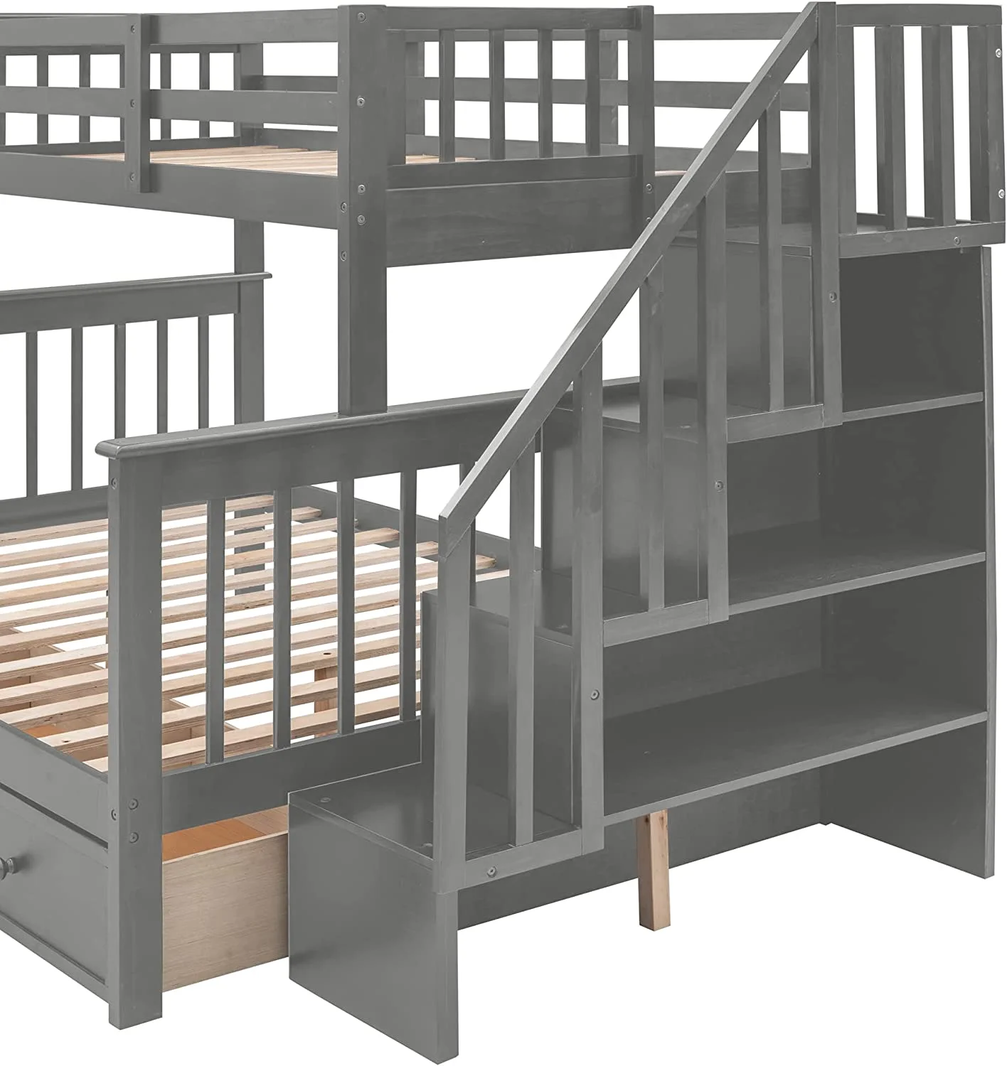 Over Full Bunk Bed With Stairs And Storage Drawers, Hardwood Stairway Bunk Bed Frame For Kids Teens Adults, Bedroom, Dorm - Gray